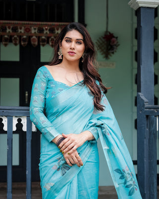 Aqua Blue Pure Cotton Linen Saree with Floral Design, Blouse, and Tassel Detailing LINEN