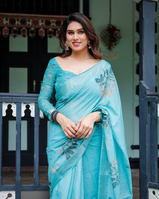 Aqua Blue Pure Cotton Linen Saree with Floral Design, Blouse, and Tassel Detailing LINEN
