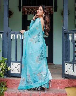 Aqua Blue Pure Cotton Linen Saree with Floral Design, Blouse, and Tassel Detailing LINEN