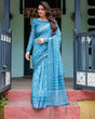 Load image into Gallery viewer, Turquoise Pure Cotton Linen Saree with White Floral Design, Blouse, and Tassel Edges LINEN