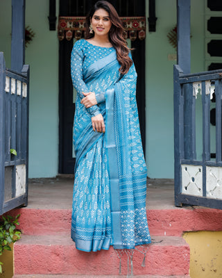 Turquoise Pure Cotton Linen Saree with White Floral Design, Blouse, and Tassel Edges LINEN