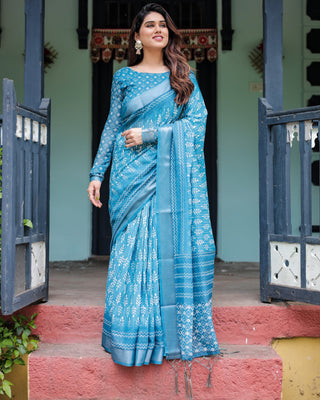 Turquoise Pure Cotton Linen Saree with White Floral Design, Blouse, and Tassel Edges LINEN