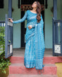 Load image into Gallery viewer, Turquoise Pure Cotton Linen Saree with White Floral Design, Blouse, and Tassel Edges LINEN