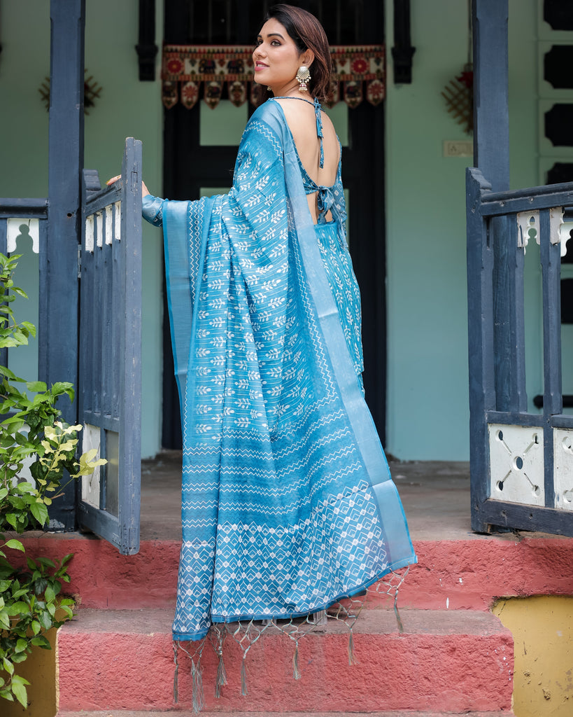 Turquoise Pure Cotton Linen Saree with White Floral Design, Blouse, and Tassel Edges LINEN
