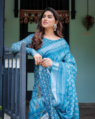 Turquoise Pure Cotton Linen Saree with White Floral Design, Blouse, and Tassel Edges LINEN