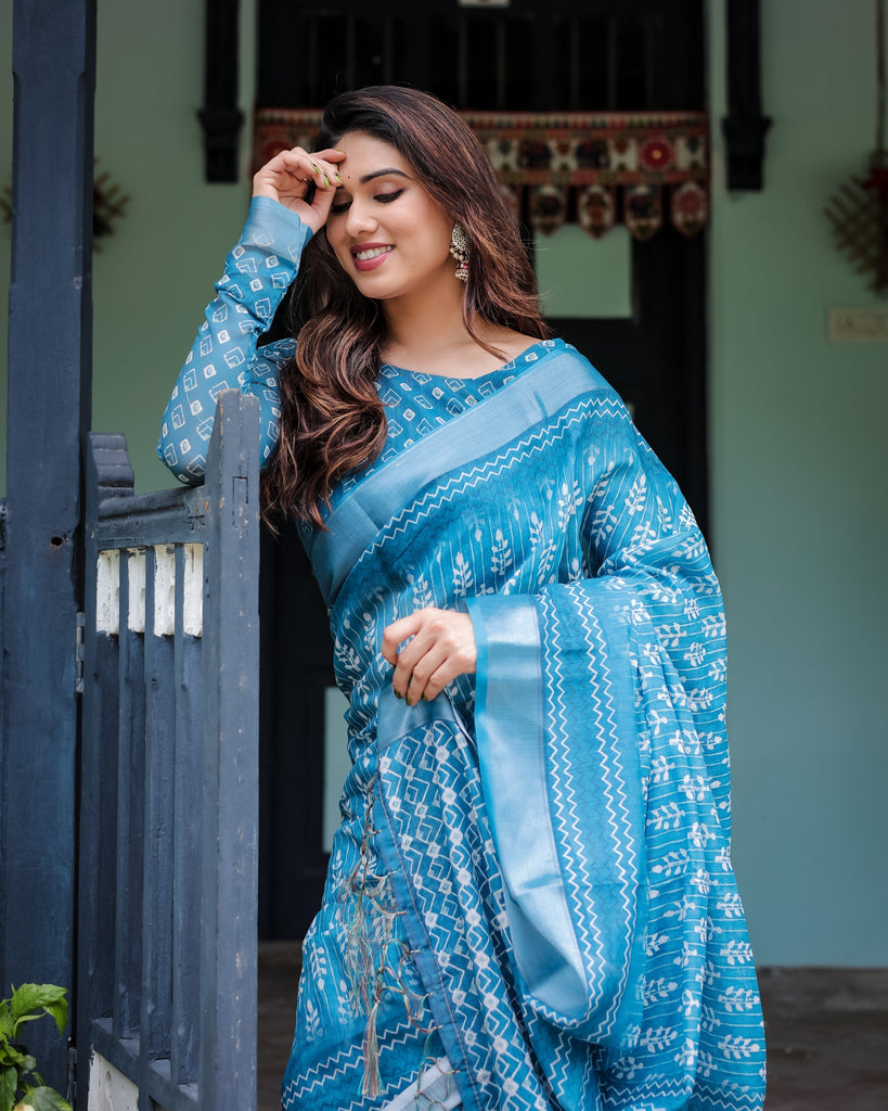 Turquoise Pure Cotton Linen Saree with White Floral Design, Blouse, and Tassel Edges LINEN
