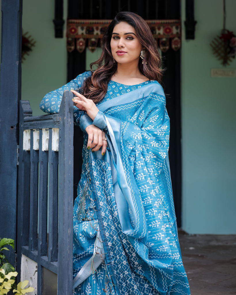 Turquoise Pure Cotton Linen Saree with White Floral Design, Blouse, and Tassel Edges LINEN