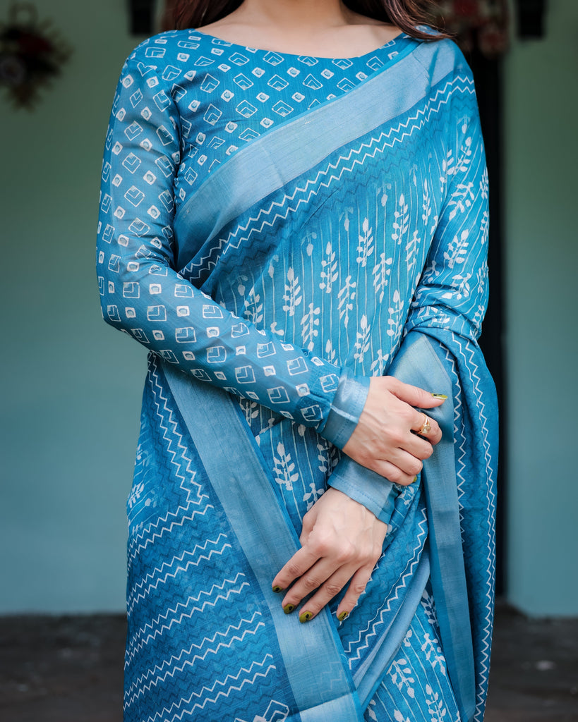 Turquoise Pure Cotton Linen Saree with White Floral Design, Blouse, and Tassel Edges LINEN