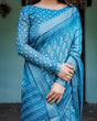 Load image into Gallery viewer, Turquoise Pure Cotton Linen Saree with White Floral Design, Blouse, and Tassel Edges LINEN