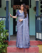 Load image into Gallery viewer, Steel Blue Pure Cotton Linen Saree with Floral and Geometric Block Print, Blouse, and Tassel Detailing LINEN