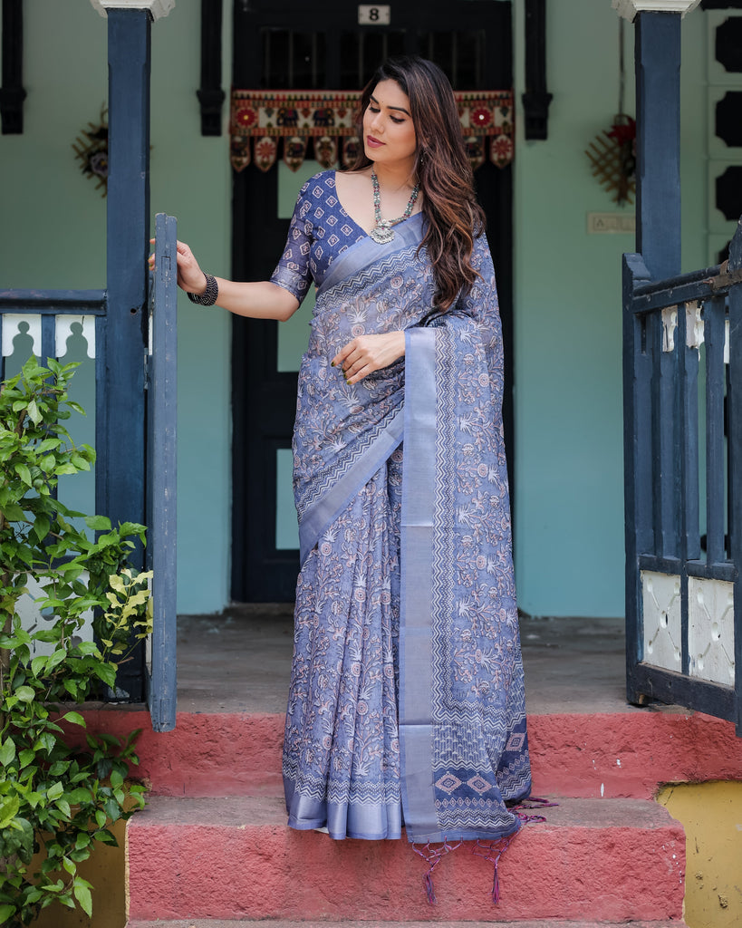 Steel Blue Pure Cotton Linen Saree with Floral and Geometric Block Print, Blouse, and Tassel Detailing LINEN