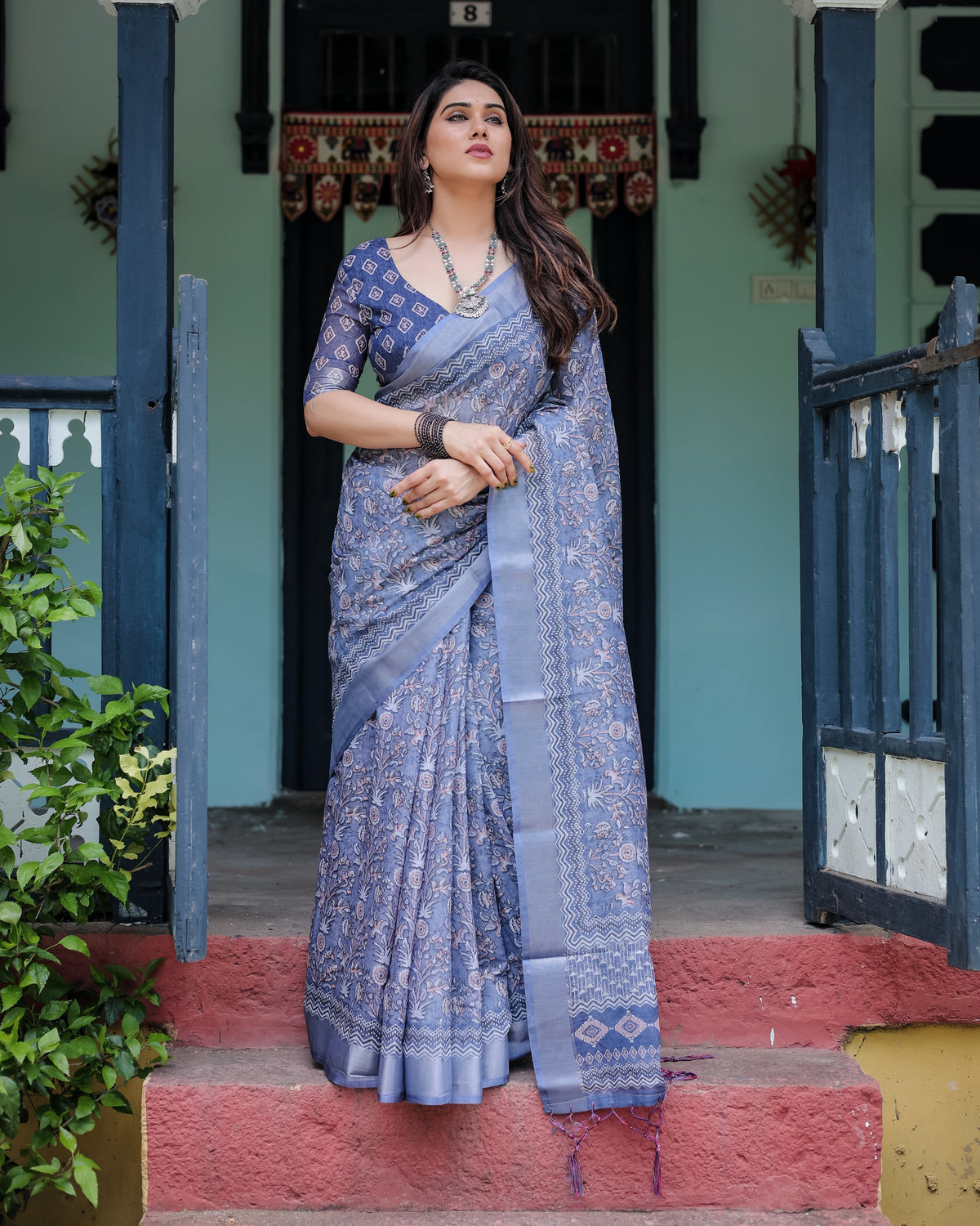 Steel Blue Pure Cotton Linen Saree with Floral and Geometric Block Print, Blouse, and Tassel Detailing LINEN Main image