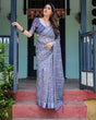 Load image into Gallery viewer, Steel Blue Pure Cotton Linen Saree with Floral and Geometric Block Print, Blouse, and Tassel Detailing LINEN