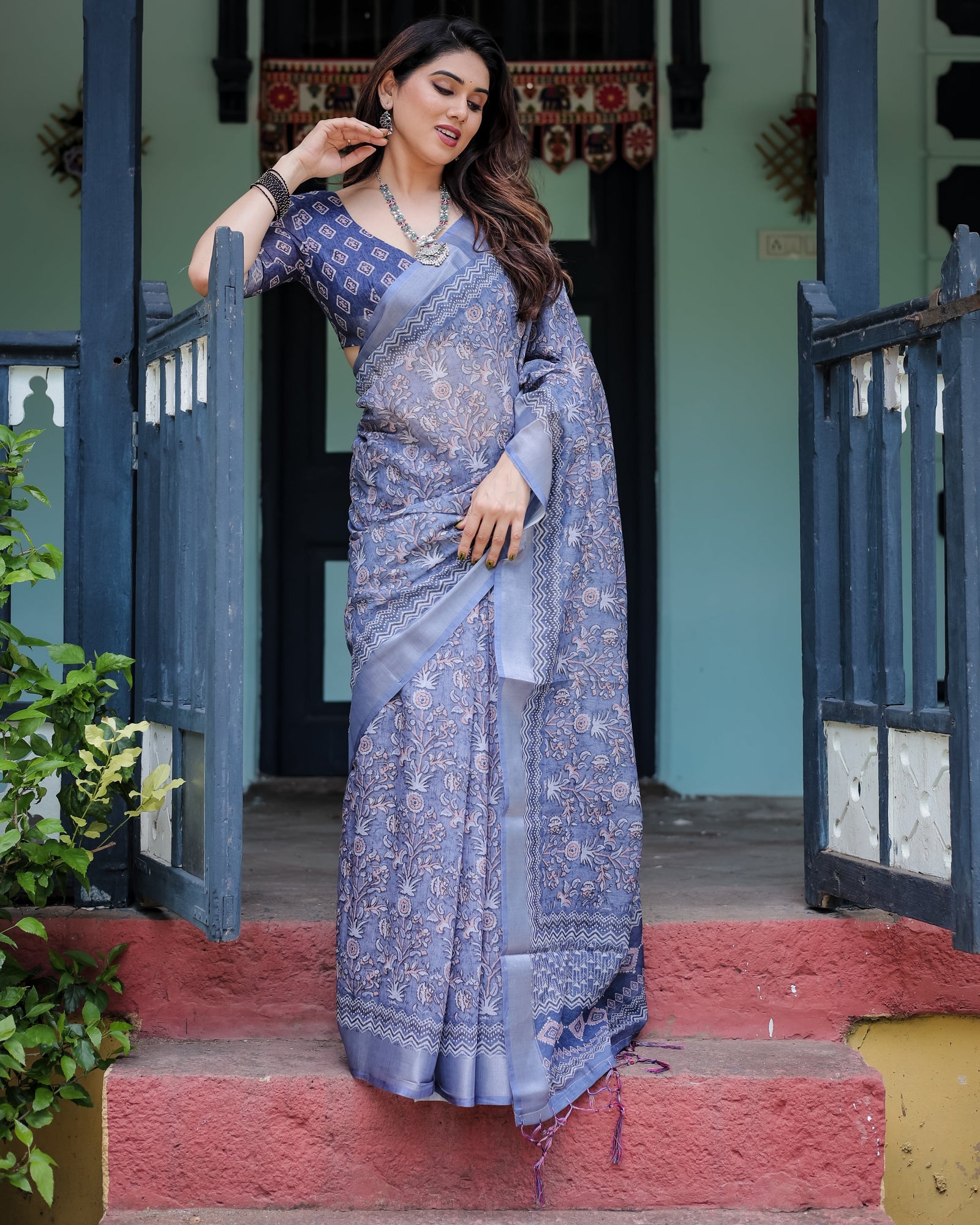 Steel Blue Pure Cotton Linen Saree with Floral and Geometric Block Print, Blouse, and Tassel Detailing LINEN