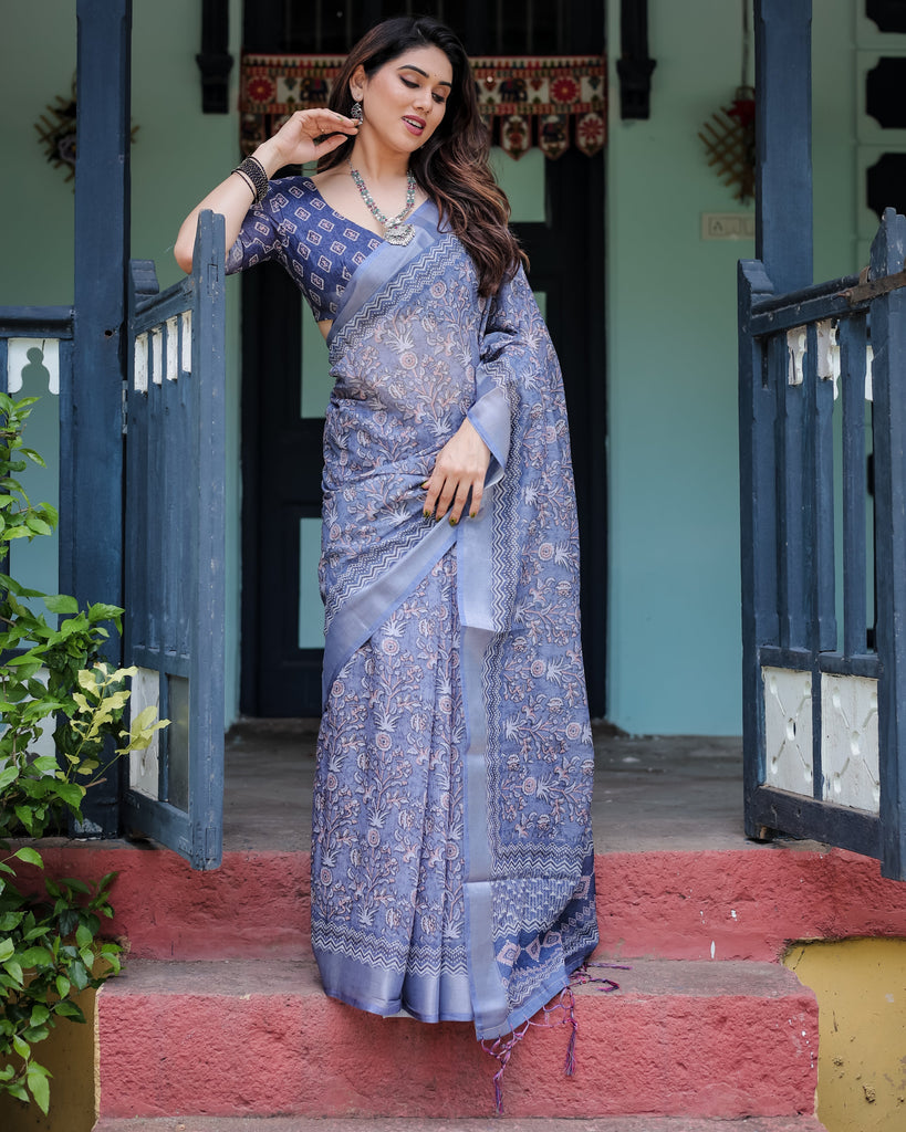 Steel Blue Pure Cotton Linen Saree with Floral and Geometric Block Print, Blouse, and Tassel Detailing LINEN