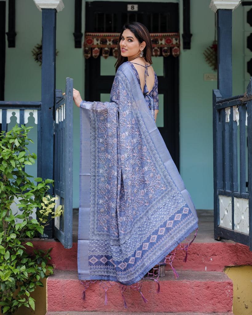 Steel Blue Pure Cotton Linen Saree with Floral and Geometric Block Print, Blouse, and Tassel Detailing LINEN