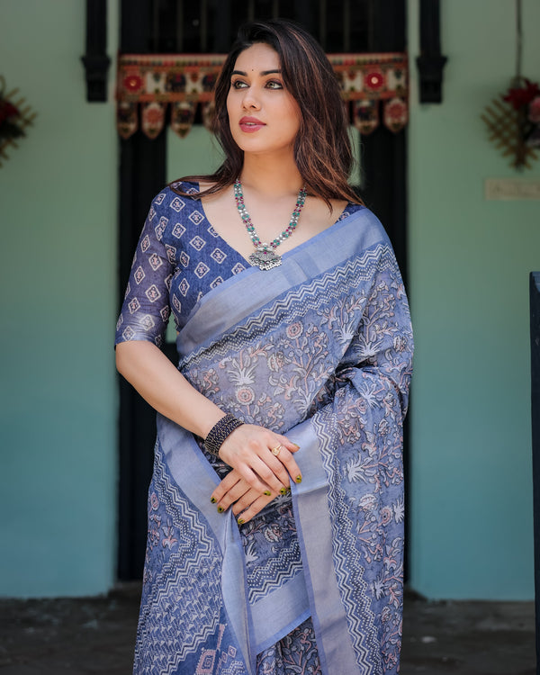 Steel Blue Pure Cotton Linen Saree with Floral and Geometric Block Print, Blouse, and Tassel Detailing LINEN