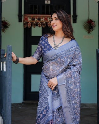 Steel Blue Pure Cotton Linen Saree with Floral and Geometric Block Print, Blouse, and Tassel Detailing LINEN
