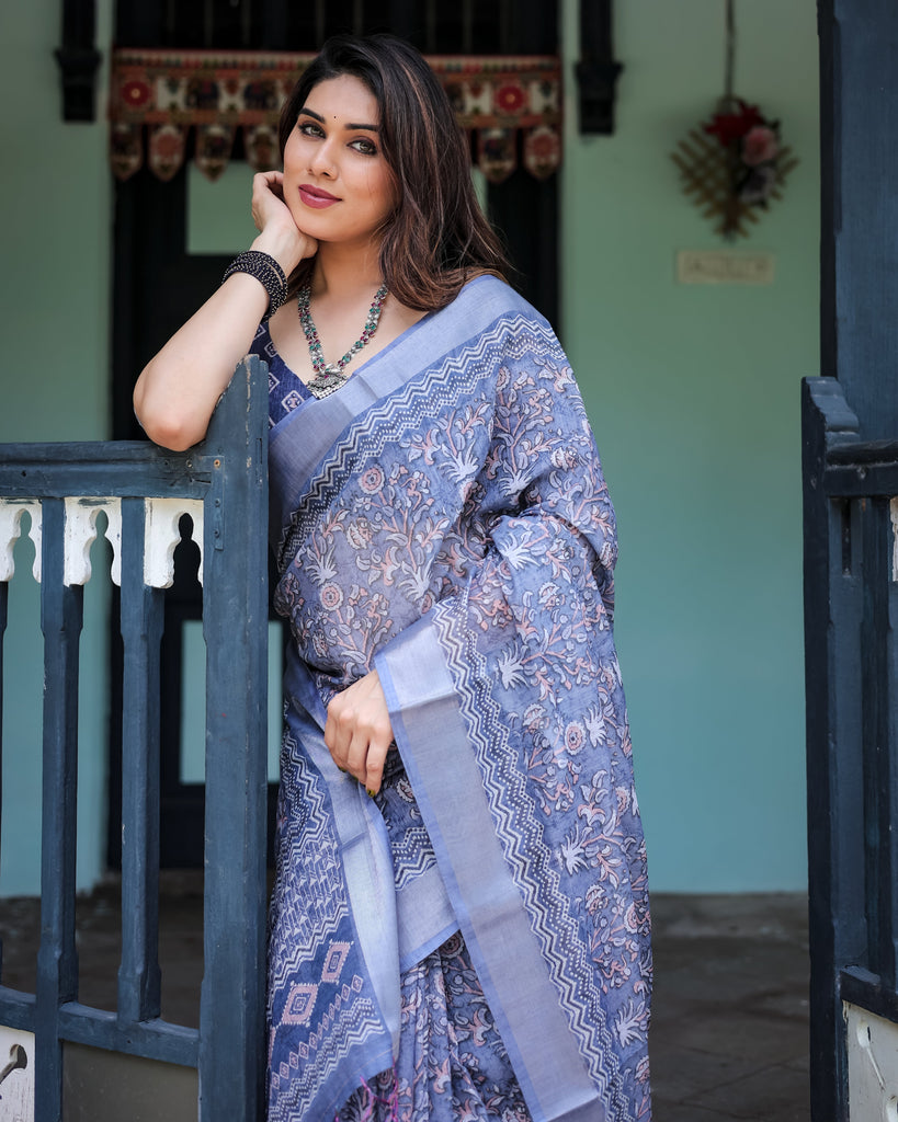 Steel Blue Pure Cotton Linen Saree with Floral and Geometric Block Print, Blouse, and Tassel Detailing LINEN