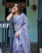 Load image into Gallery viewer, Steel Blue Pure Cotton Linen Saree with Floral and Geometric Block Print, Blouse, and Tassel Detailing LINEN