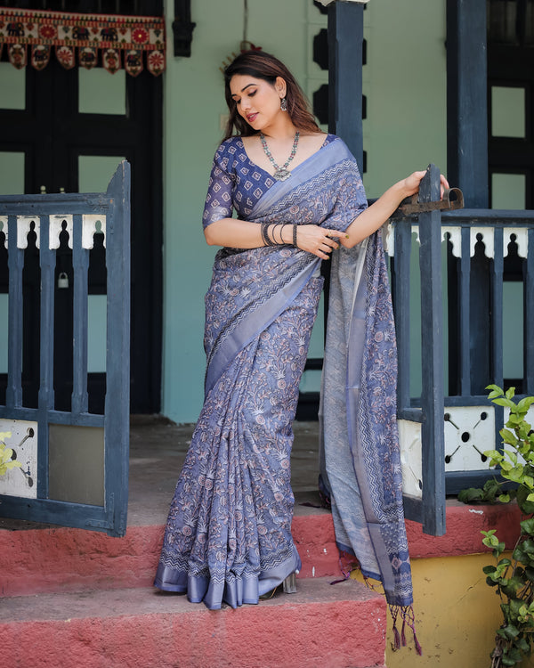 Steel Blue Pure Cotton Linen Saree with Floral and Geometric Block Print, Blouse, and Tassel Detailing LINEN