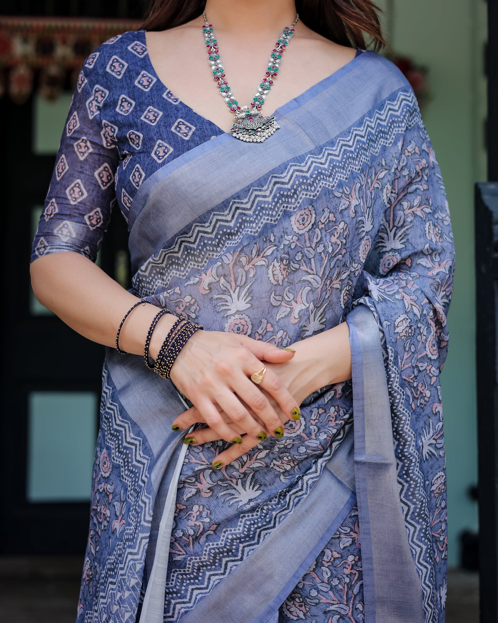 Steel Blue Pure Cotton Linen Saree with Floral and Geometric Block Print, Blouse, and Tassel Detailing LINEN