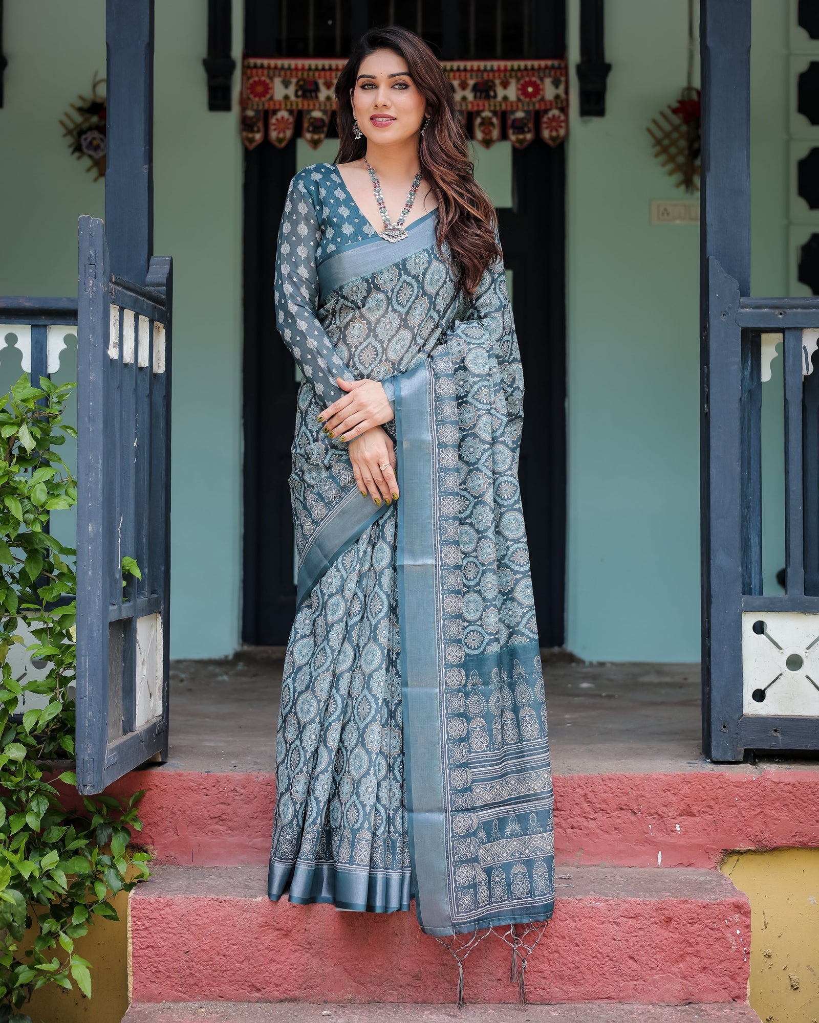 Teal Blue Pure Cotton Linen Saree with Geometric Block Print, Blouse, and Tassel Detailing LINEN