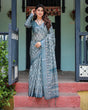 Load image into Gallery viewer, Teal Blue Pure Cotton Linen Saree with Geometric Block Print, Blouse, and Tassel Detailing LINEN