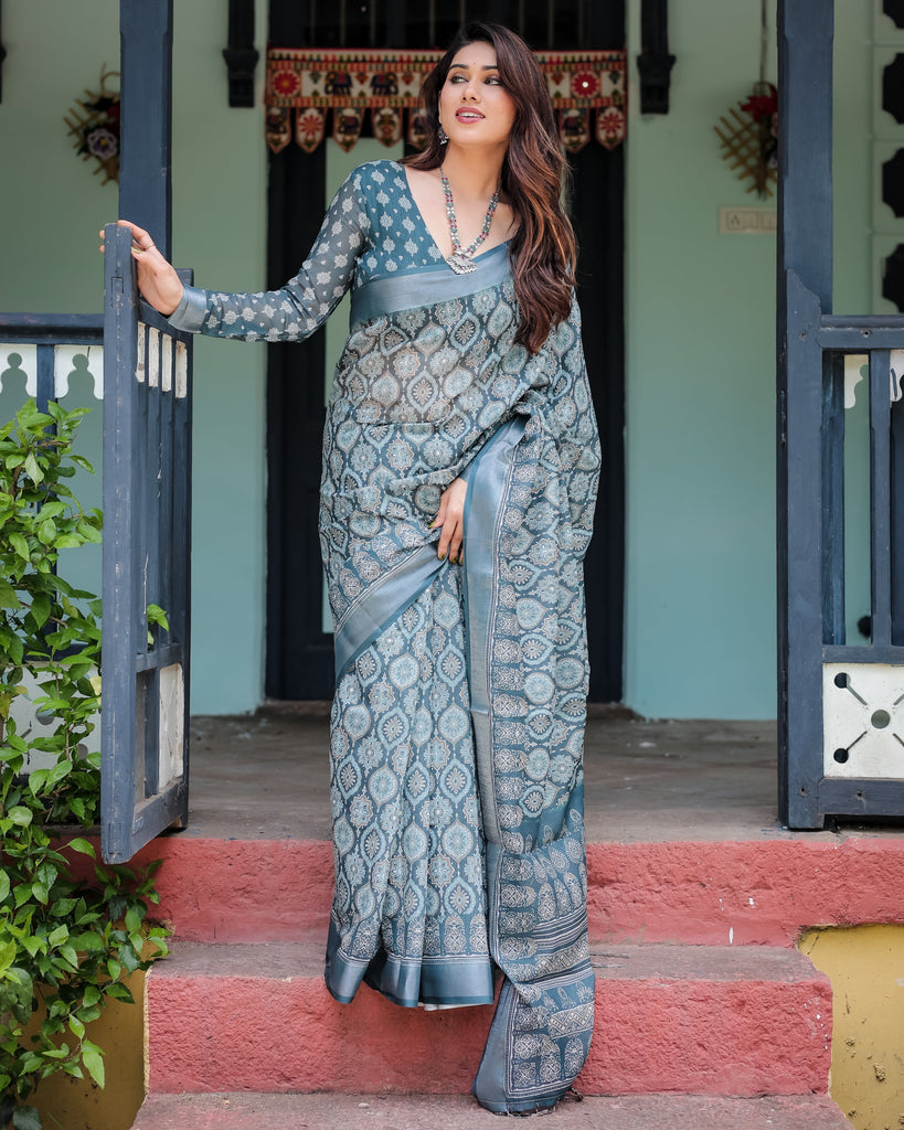 Teal Blue Pure Cotton Linen Saree with Geometric Block Print, Blouse, and Tassel Detailing LINEN