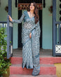 Load image into Gallery viewer, Teal Blue Pure Cotton Linen Saree with Geometric Block Print, Blouse, and Tassel Detailing LINEN