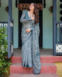 Load image into Gallery viewer, Teal Blue Pure Cotton Linen Saree with Geometric Block Print, Blouse, and Tassel Detailing LINEN