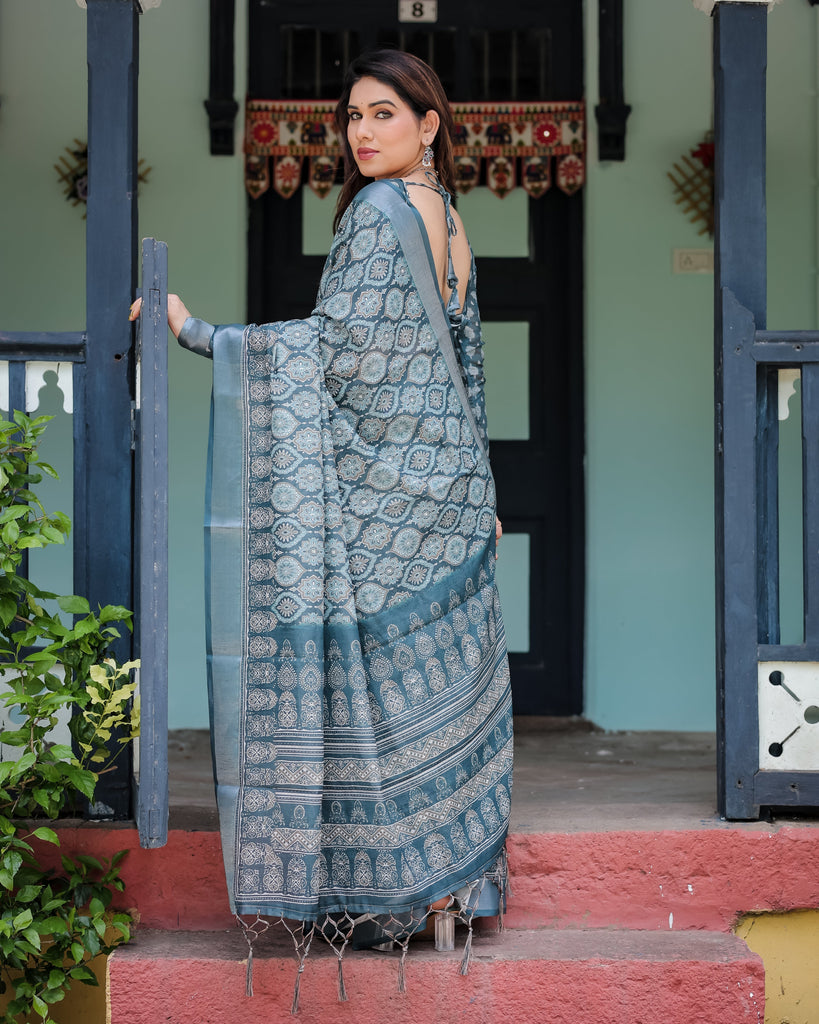 Teal Blue Pure Cotton Linen Saree with Geometric Block Print, Blouse, and Tassel Detailing LINEN