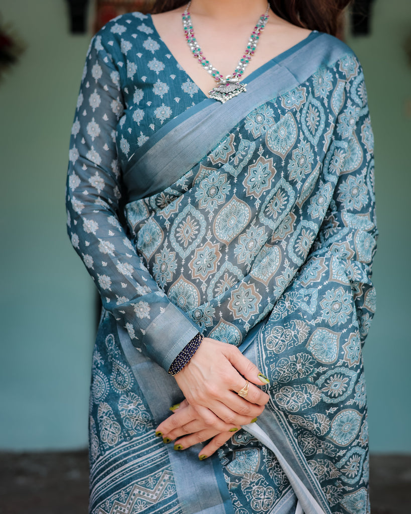 Teal Blue Pure Cotton Linen Saree with Geometric Block Print, Blouse, and Tassel Detailing LINEN