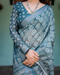 Load image into Gallery viewer, Teal Blue Pure Cotton Linen Saree with Geometric Block Print, Blouse, and Tassel Detailing LINEN
