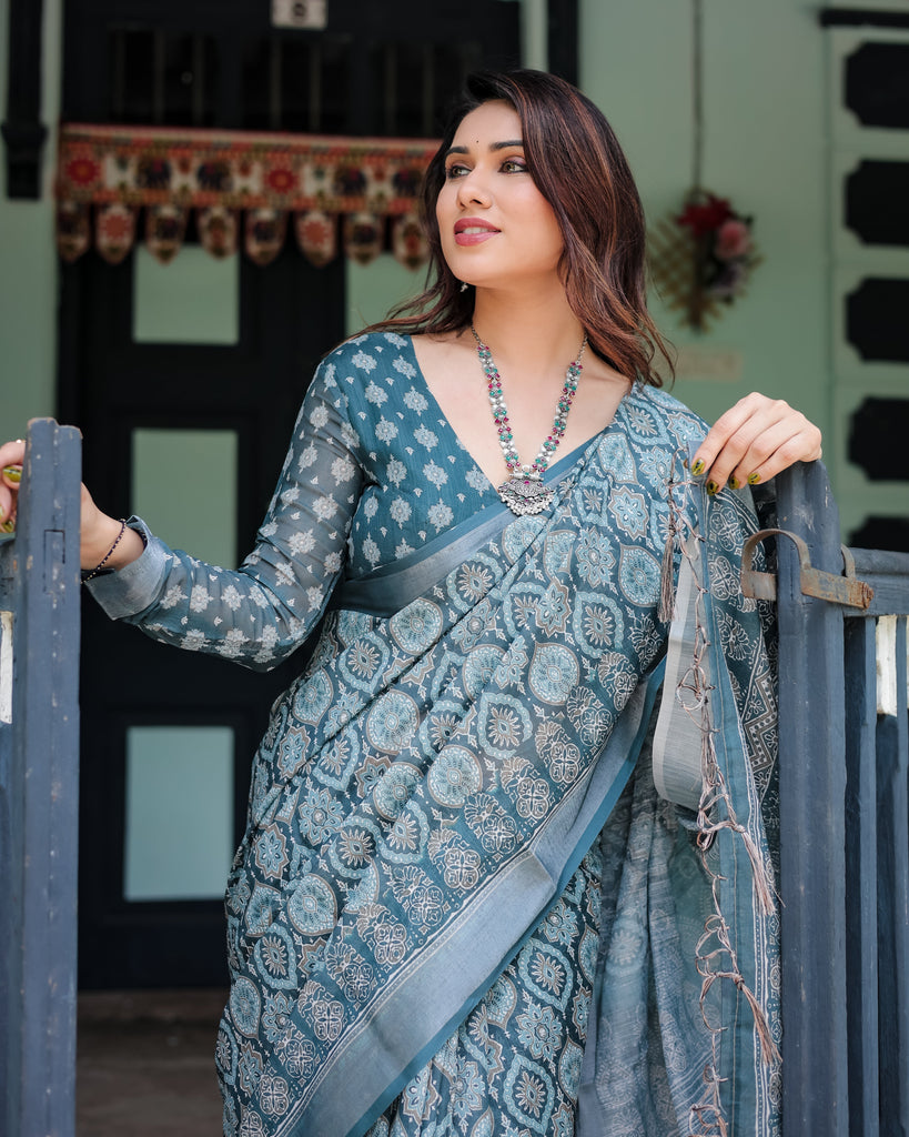 Teal Blue Pure Cotton Linen Saree with Geometric Block Print, Blouse, and Tassel Detailing LINEN
