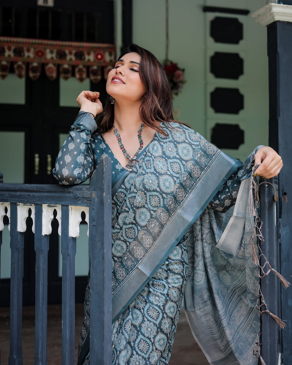 Teal Blue Pure Cotton Linen Saree with Geometric Block Print, Blouse, and Tassel Detailing LINEN