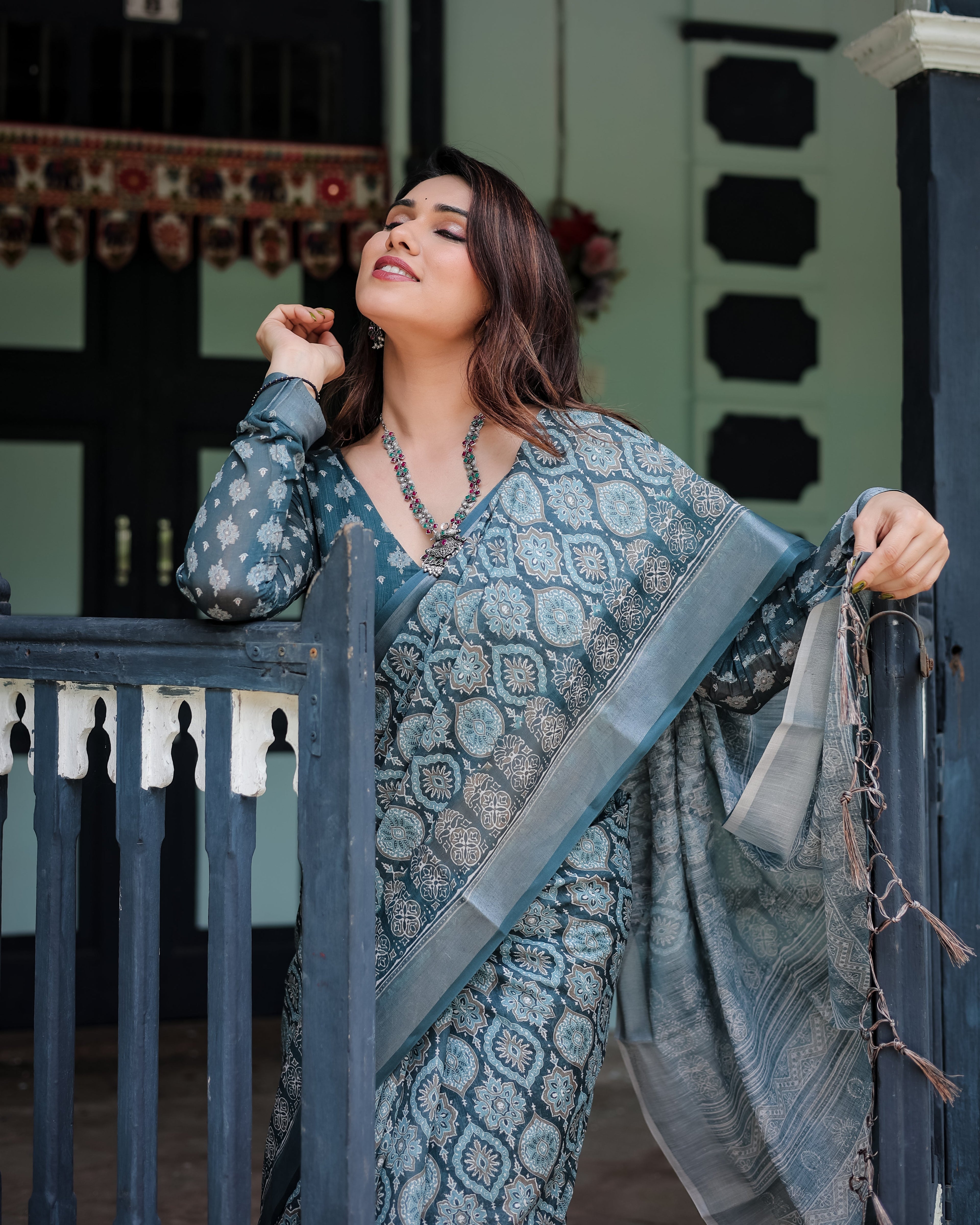 Teal Blue Pure Cotton Linen Saree with Geometric Block Print, Blouse, and Tassel Detailing LINEN
