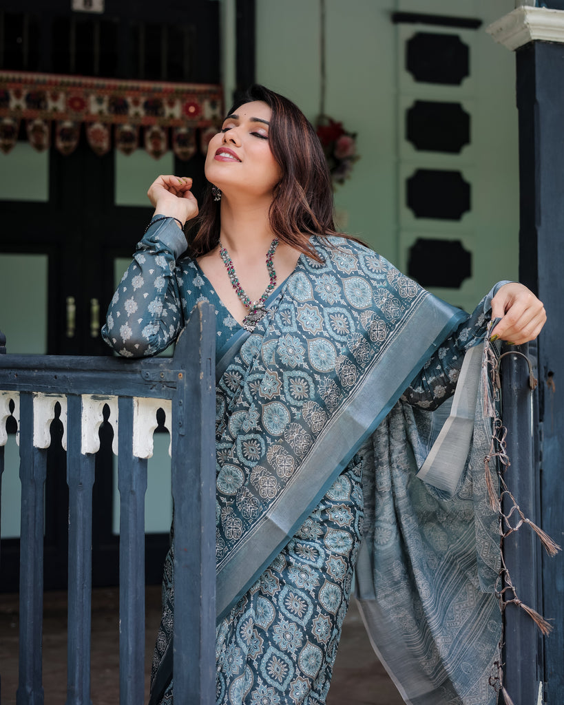 Teal Blue Pure Cotton Linen Saree with Geometric Block Print, Blouse, and Tassel Detailing LINEN