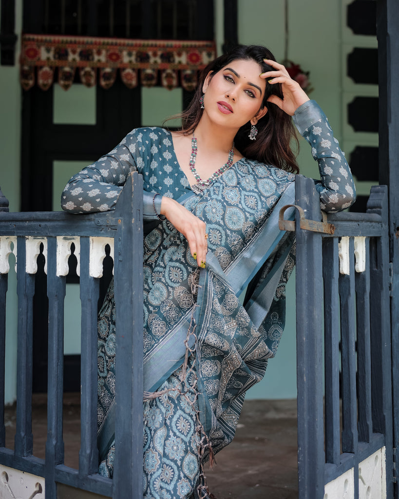 Teal Blue Pure Cotton Linen Saree with Geometric Block Print, Blouse, and Tassel Detailing LINEN