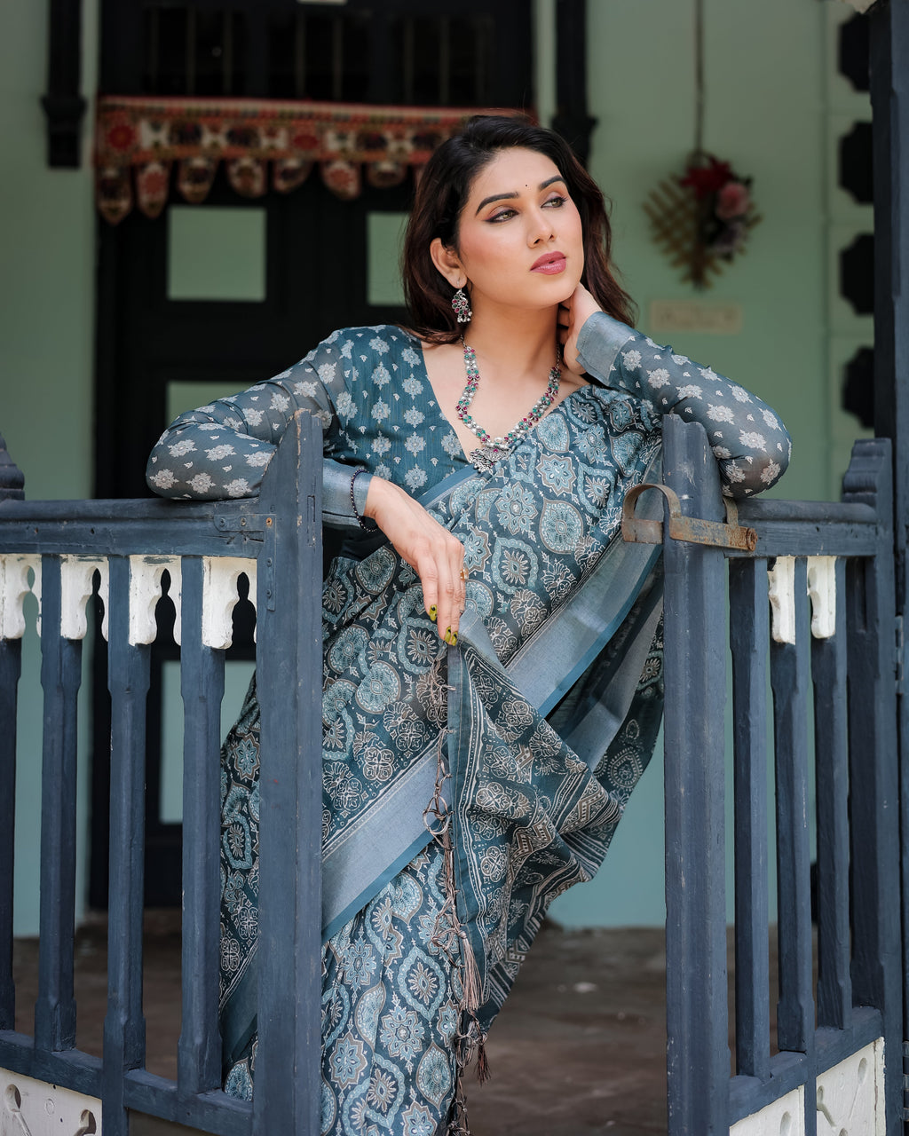 Teal Blue Pure Cotton Linen Saree with Geometric Block Print, Blouse, and Tassel Detailing LINEN