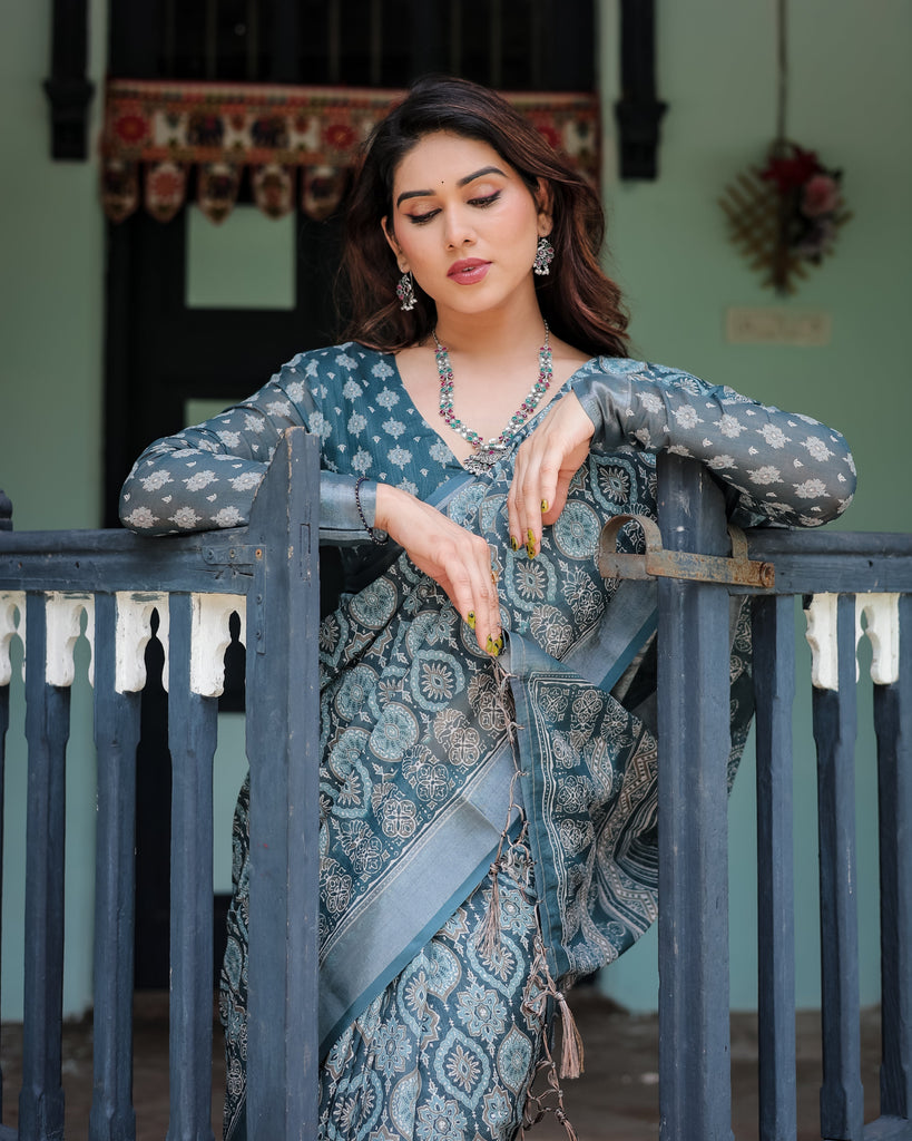 Teal Blue Pure Cotton Linen Saree with Geometric Block Print, Blouse, and Tassel Detailing LINEN