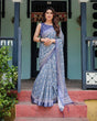 Load image into Gallery viewer, Elegant Blue Pure Cotton Linen Saree with Floral Pattern, Blouse, and Tassels on Edges LINEN