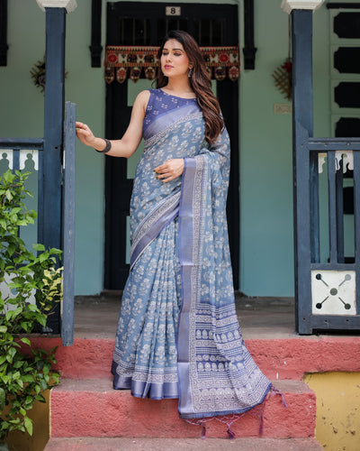 Elegant Blue Pure Cotton Linen Saree with Floral Pattern, Blouse, and Tassels on Edges LINEN