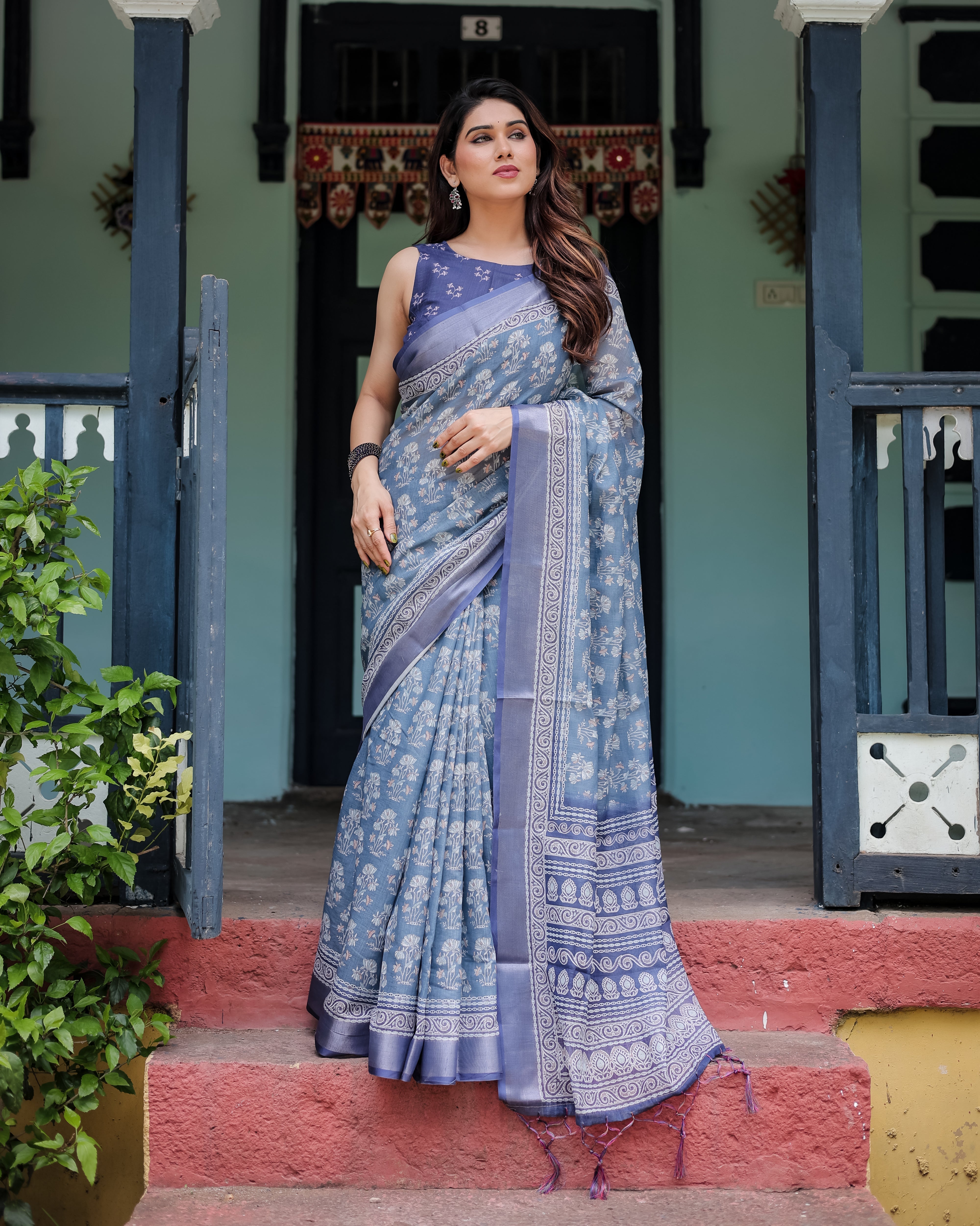 Elegant Blue Pure Cotton Linen Saree with Floral Pattern, Blouse, and Tassels on Edges LINEN Main image