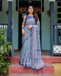Load image into Gallery viewer, Elegant Blue Pure Cotton Linen Saree with Floral Pattern, Blouse, and Tassels on Edges LINEN