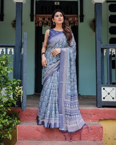 Elegant Blue Pure Cotton Linen Saree with Floral Pattern, Blouse, and Tassels on Edges LINEN
