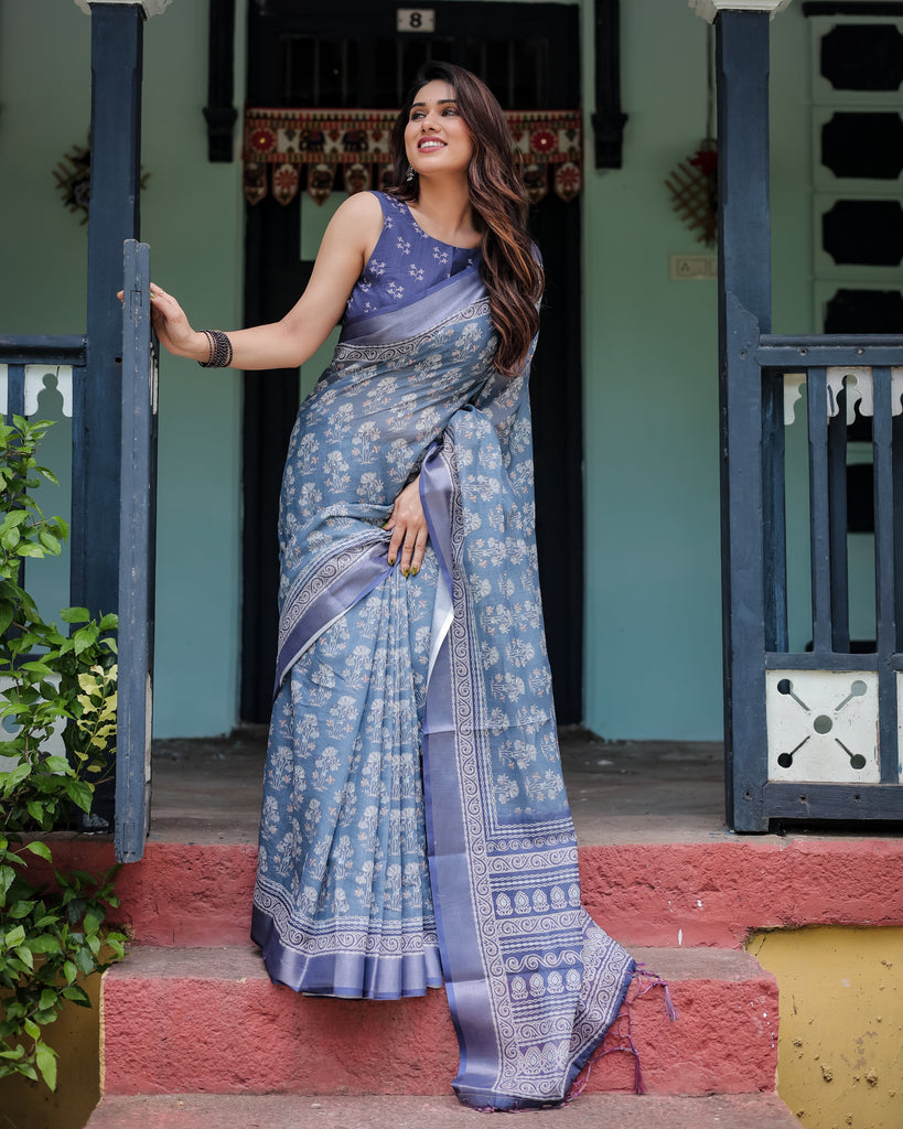 Elegant Blue Pure Cotton Linen Saree with Floral Pattern, Blouse, and Tassels on Edges LINEN