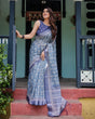 Load image into Gallery viewer, Elegant Blue Pure Cotton Linen Saree with Floral Pattern, Blouse, and Tassels on Edges LINEN