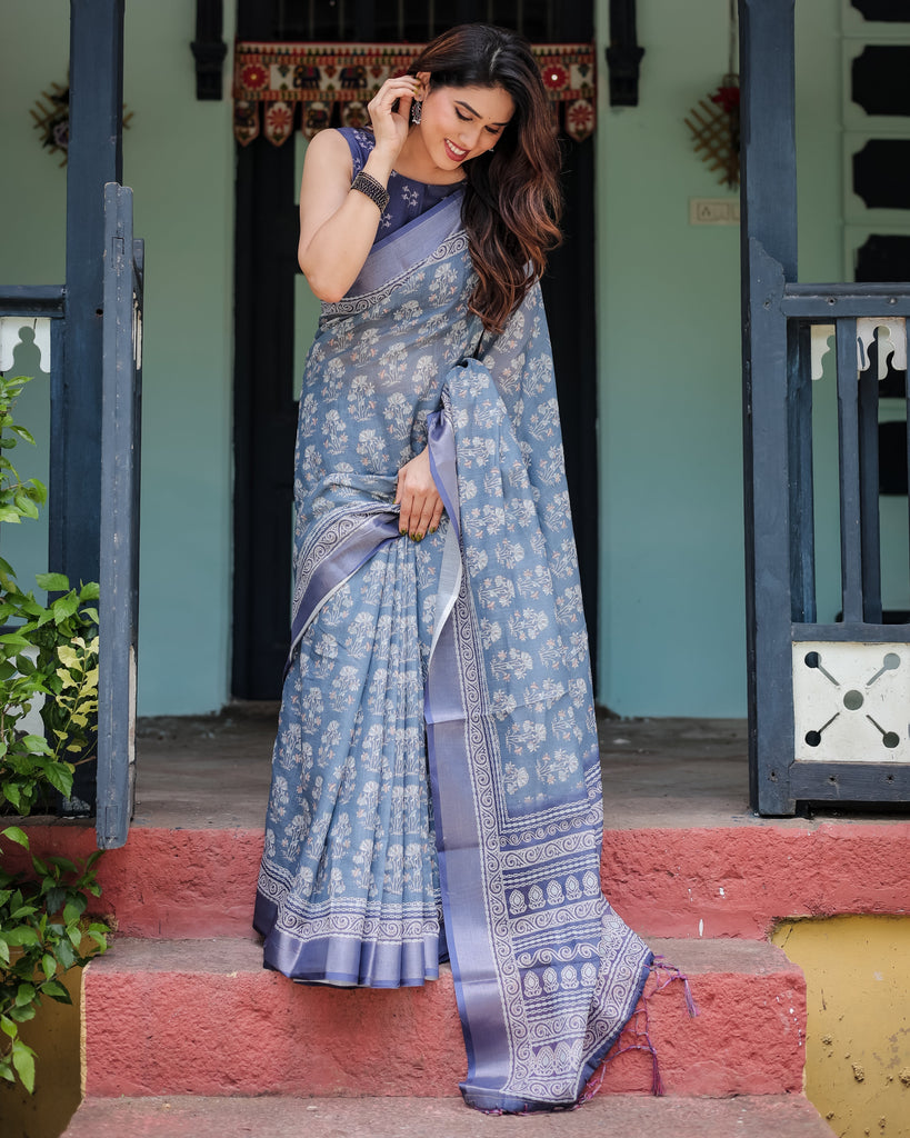Elegant Blue Pure Cotton Linen Saree with Floral Pattern, Blouse, and Tassels on Edges LINEN