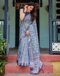 Load image into Gallery viewer, Elegant Blue Pure Cotton Linen Saree with Floral Pattern, Blouse, and Tassels on Edges LINEN